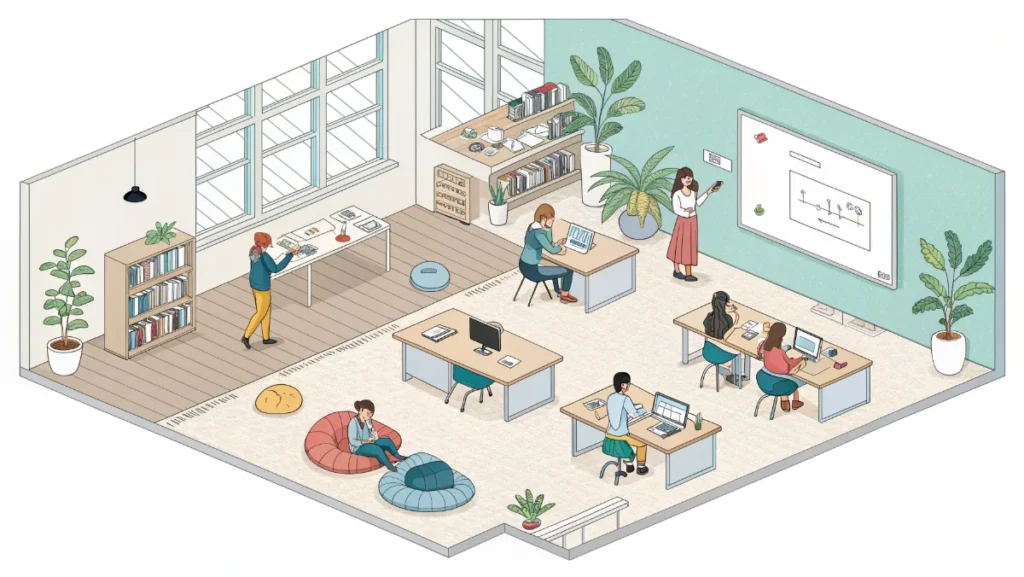 Modern classroom 15x learning space with flexible furniture and collaborative student zones