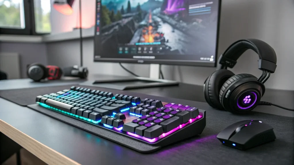 Modern gaming setup with mechanical keyboard, gaming mouse, headset and RGB lighting on desk