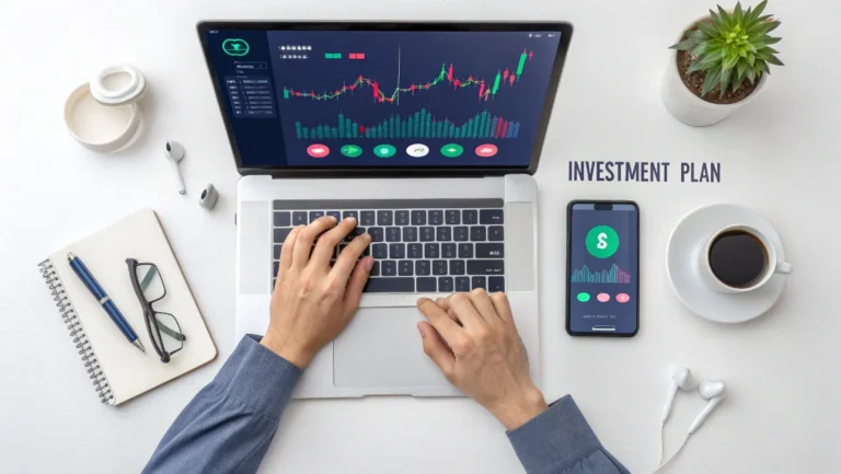 Person using laptop and smartphone to buy and invest in cryptocurrency with digital coins on screen