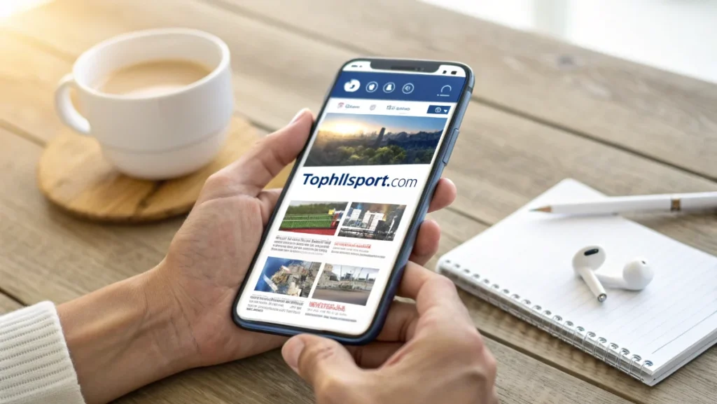  Person using smartphone accessing tophillsport com mobile app with technology and sports content visible 