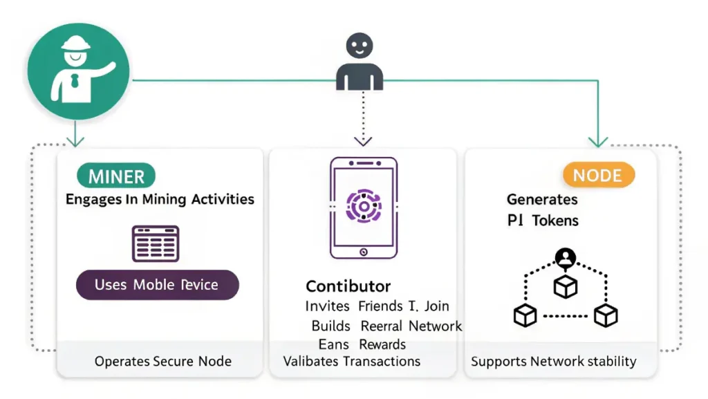 Pi network three user roles diagram showing miners contributors and nodes in cryptocurrency ecosystem