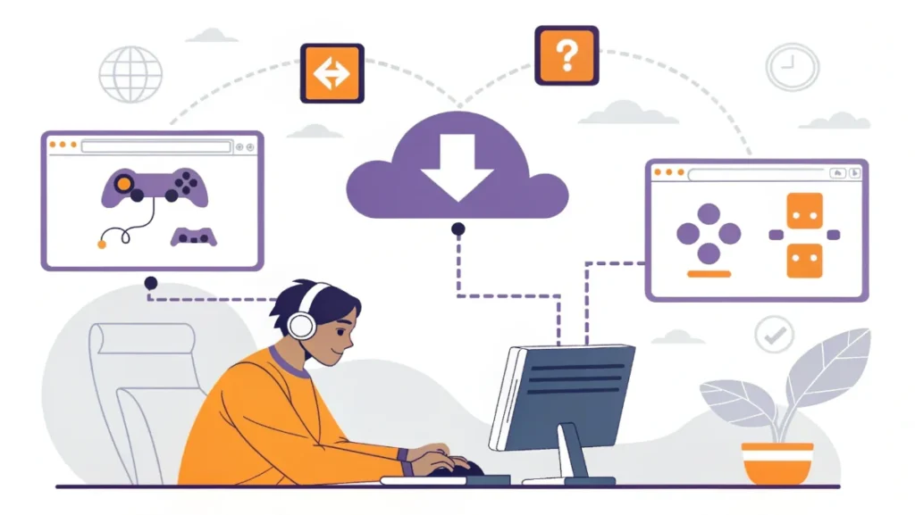 Player seamlessly switching gaming devices with cloud sync showing real-time progress transfer