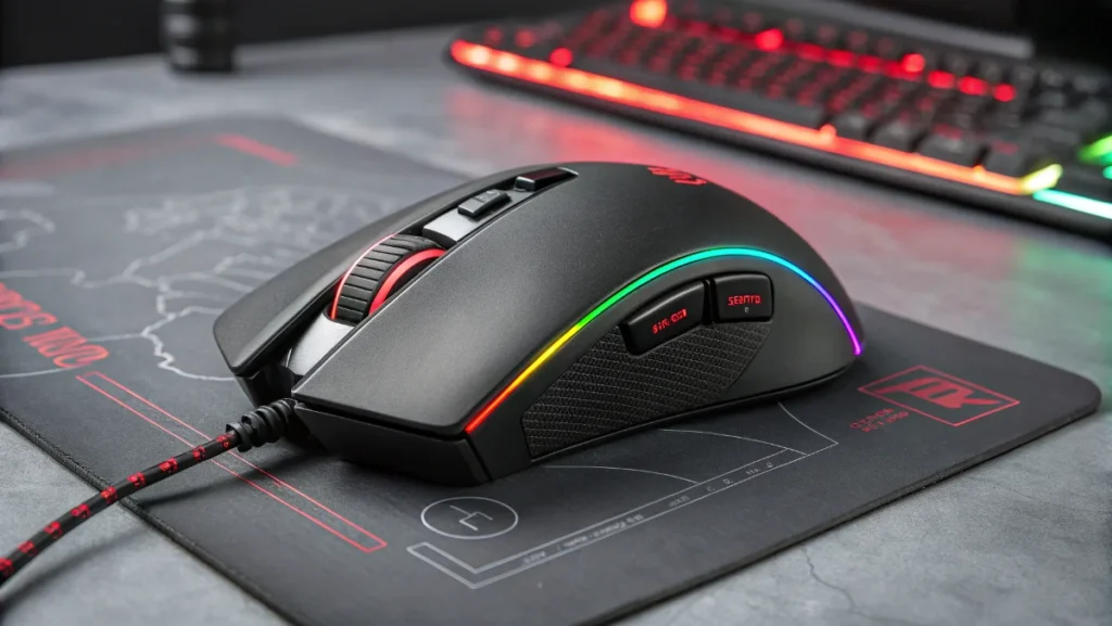 Professional gaming mouse with adjustable DPI buttons and ergonomic design on mouse pad