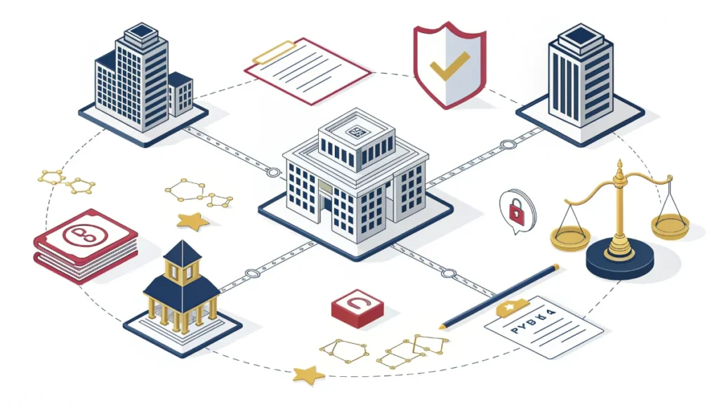 Regulatory framework visualization showing governance structures affecting Asian business markets and corporations