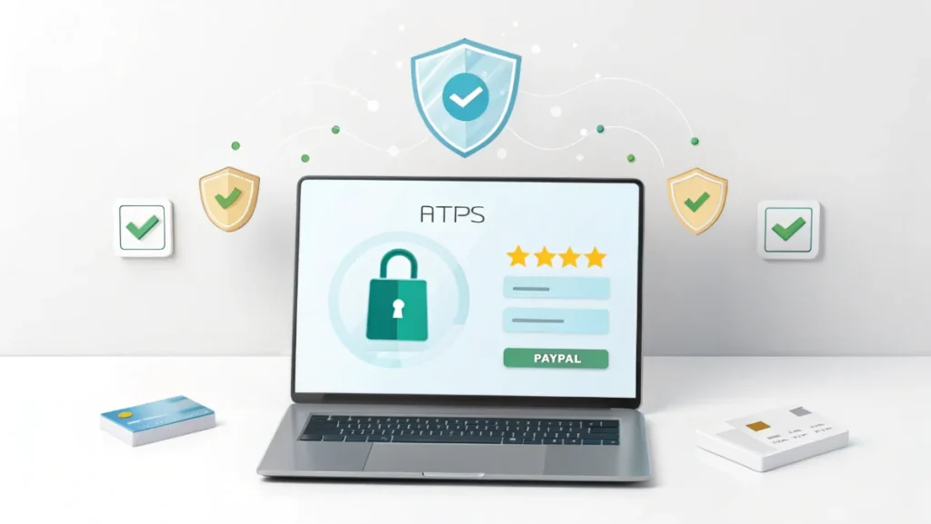 Secure online shopping concept with laptop showing payment security icons and lock symbols