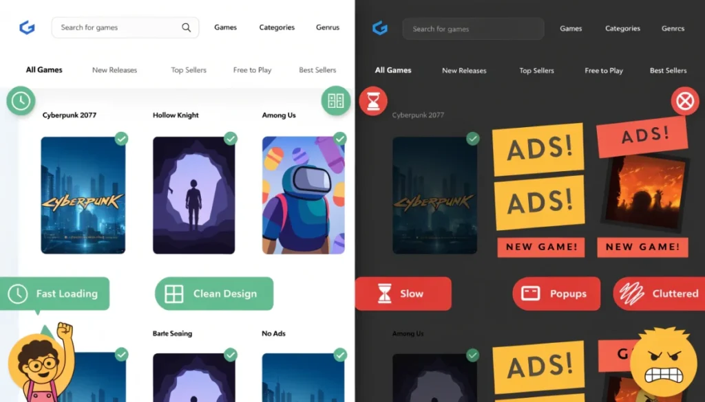 Side-by-side comparison showing classroom 15x clean interface versus cluttered gaming site with popups