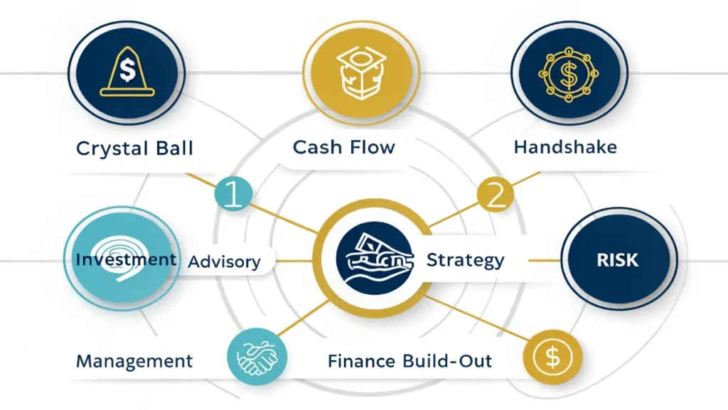 Six core financial consulting services including forecasting, cash flow management, and investment advisory