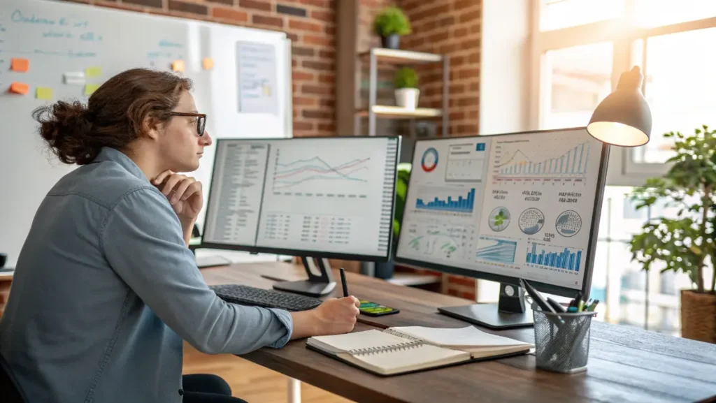  Startup founder reviewing financial metrics and growth analytics on computer for business planning