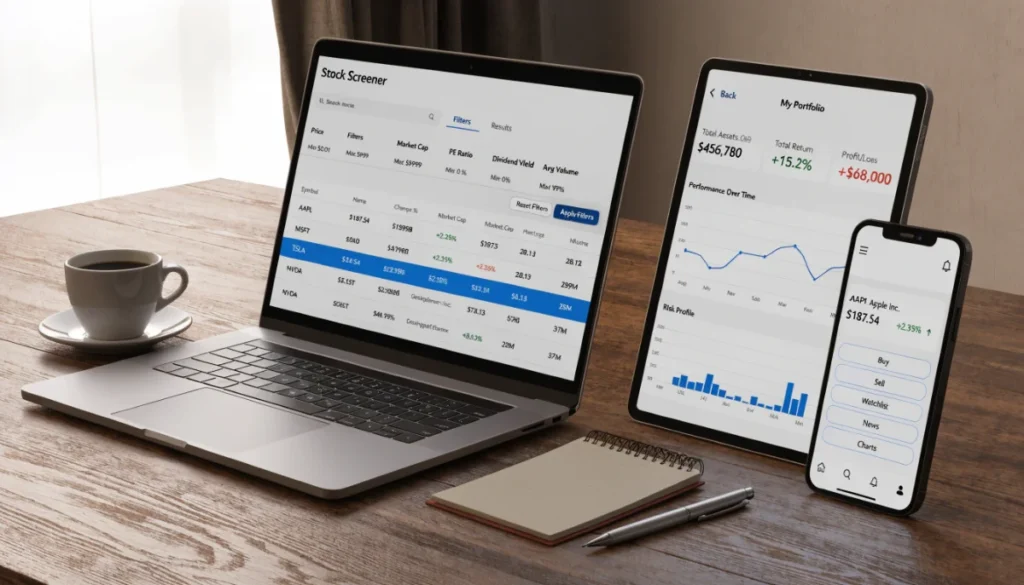Stock market research platform dashboard showing financial analysis tools and real time portfolio tracking