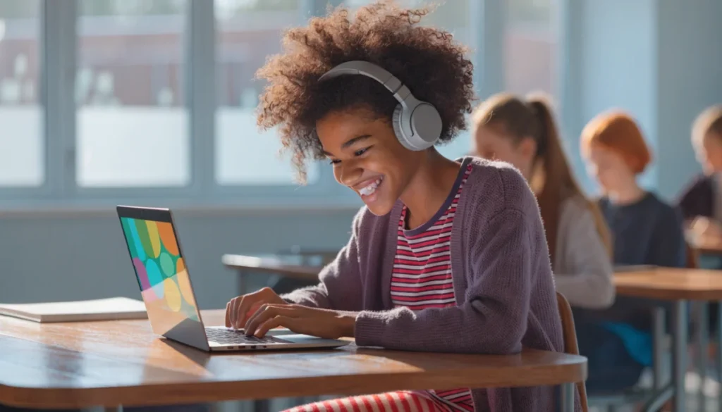 Student using headphones while playing classroom 15x games responsibly during school break period