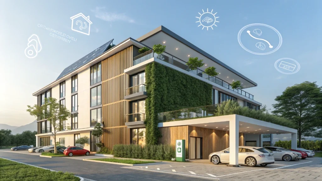 Sustainable green real estate investment with solar panels and eco-friendly modern building technology