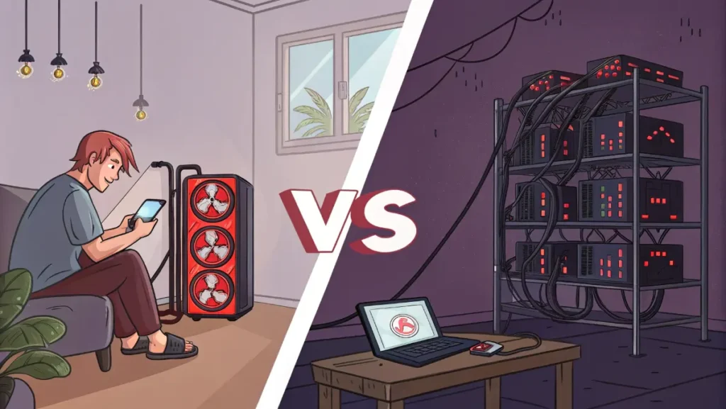 Traditional cryptocurrency mining vs Pi network mobile mining comparison showing equipment differences
