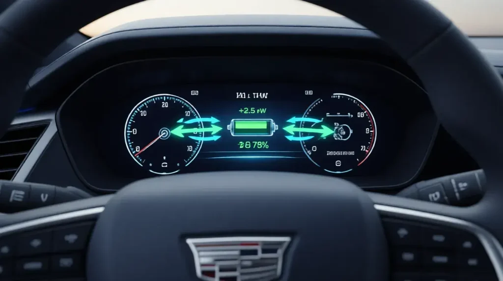 Cadillac Lyriq dashboard energy flow display showing regenerative braking and battery charging in real-time