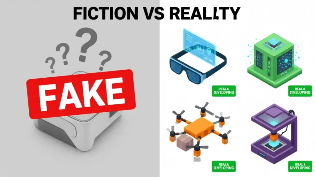 Comparison between fake apple teleport concept and real emerging technologies like AR, quantum computing, and drones