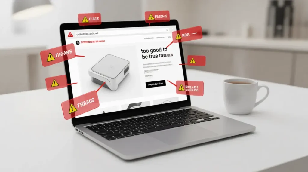 Fake apple teleport website mockup showing scam warning signs and red flags for fraudulent product listings
