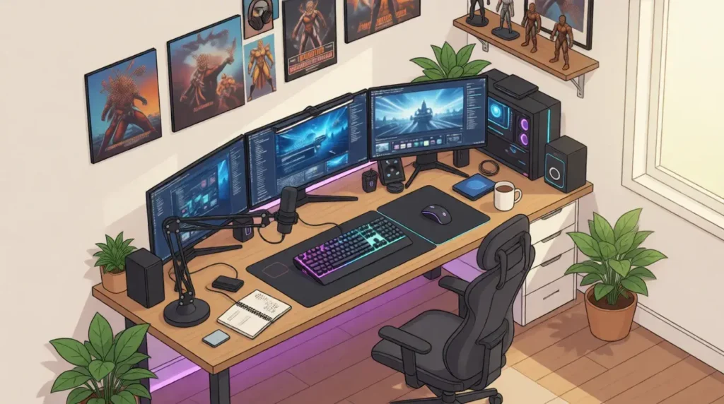 Geekzilla tio geek perfect workspace setup with ergonomic desk cable management and lighting