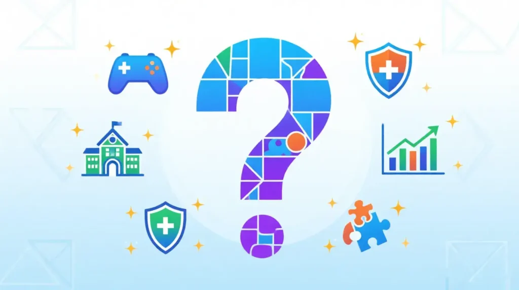 Geometry spot FAQ visualization with question marks and geometric learning concepts illustrated