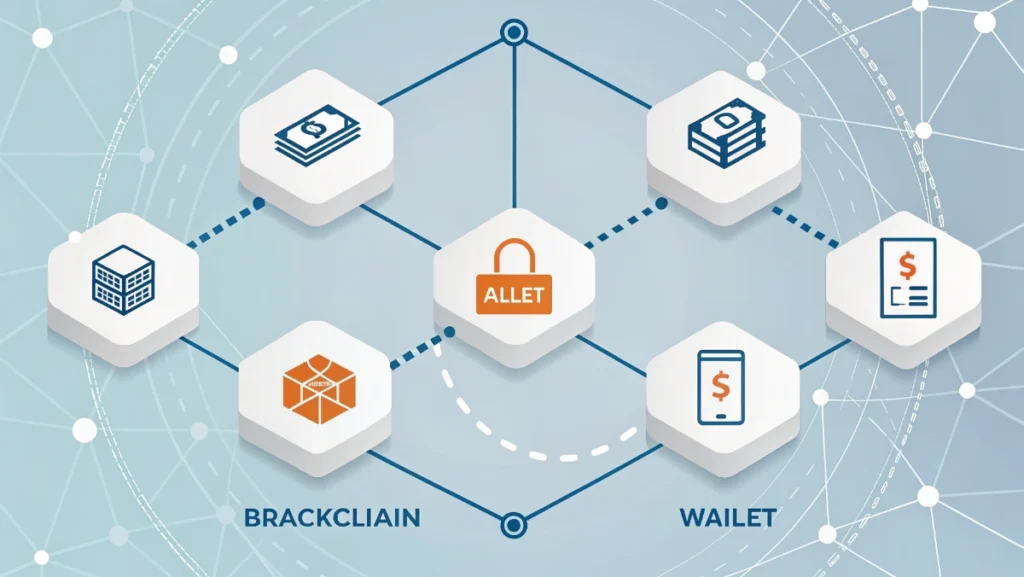 lockchain technology diagram showing how cryptocurrency transactions work with connected blocks