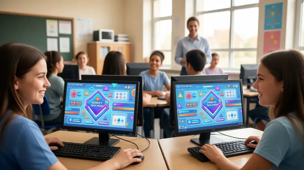 Students using geometry spot unblocked games on school computers in classroom setting