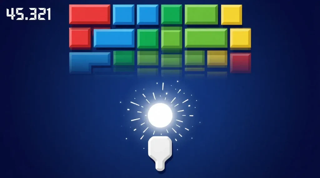Google Block Breaker game screenshot showing colorful blocks, paddle, and bouncing ball gameplay